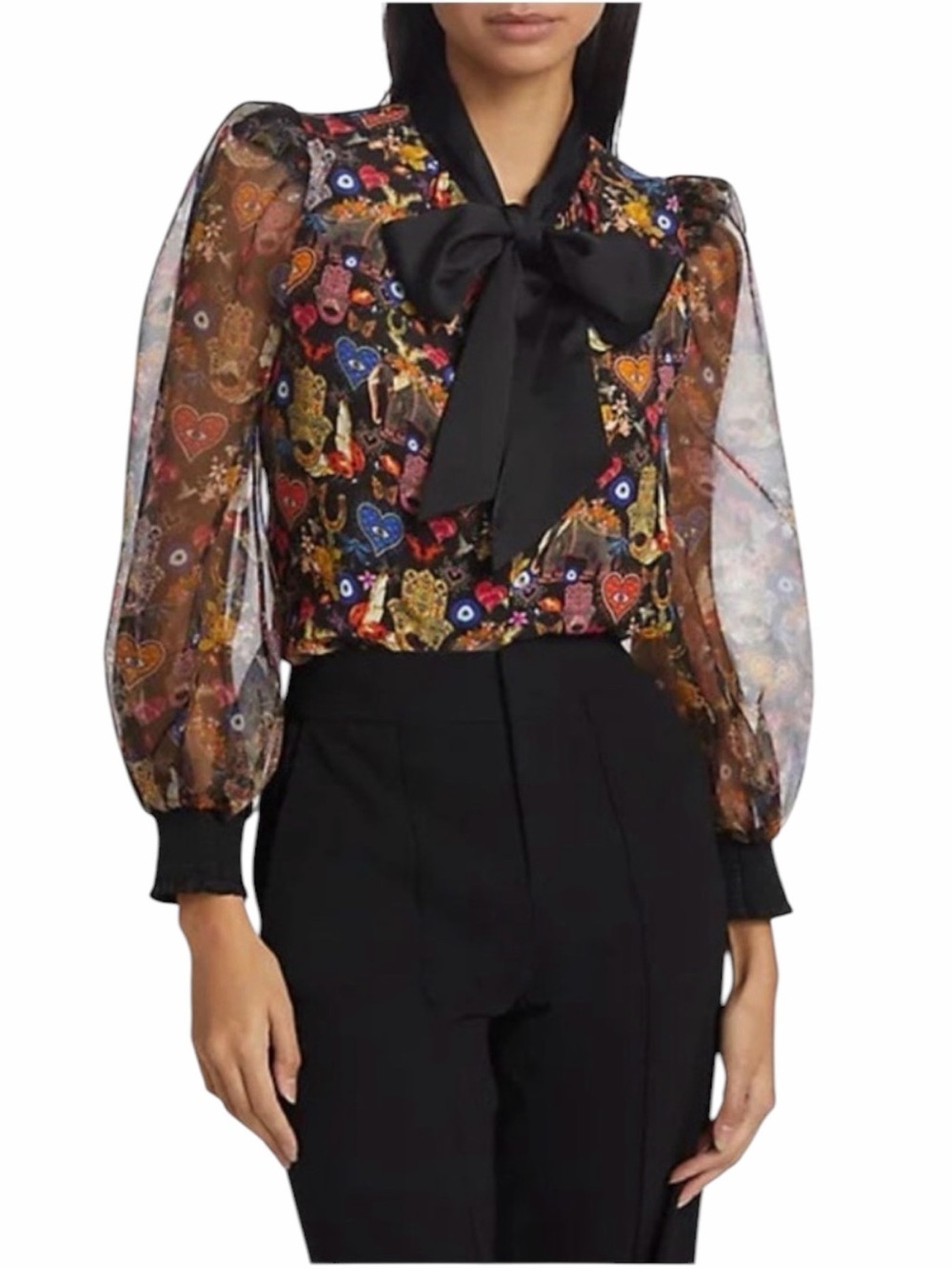 Alice + Olivia Brentley Evil Eye Hamsa Printed Organza Tie-Neck Button Blouse